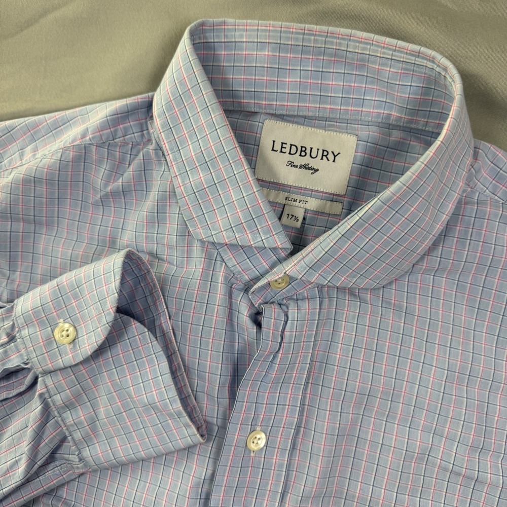 Ledbury Men's Slim Fit Blue Pink Plaid Check Dress Shirt Mens 17 1/2 Gingham